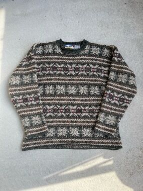 Men's Fair Isle Crewneck Sweater in Gray, Brown & Cream